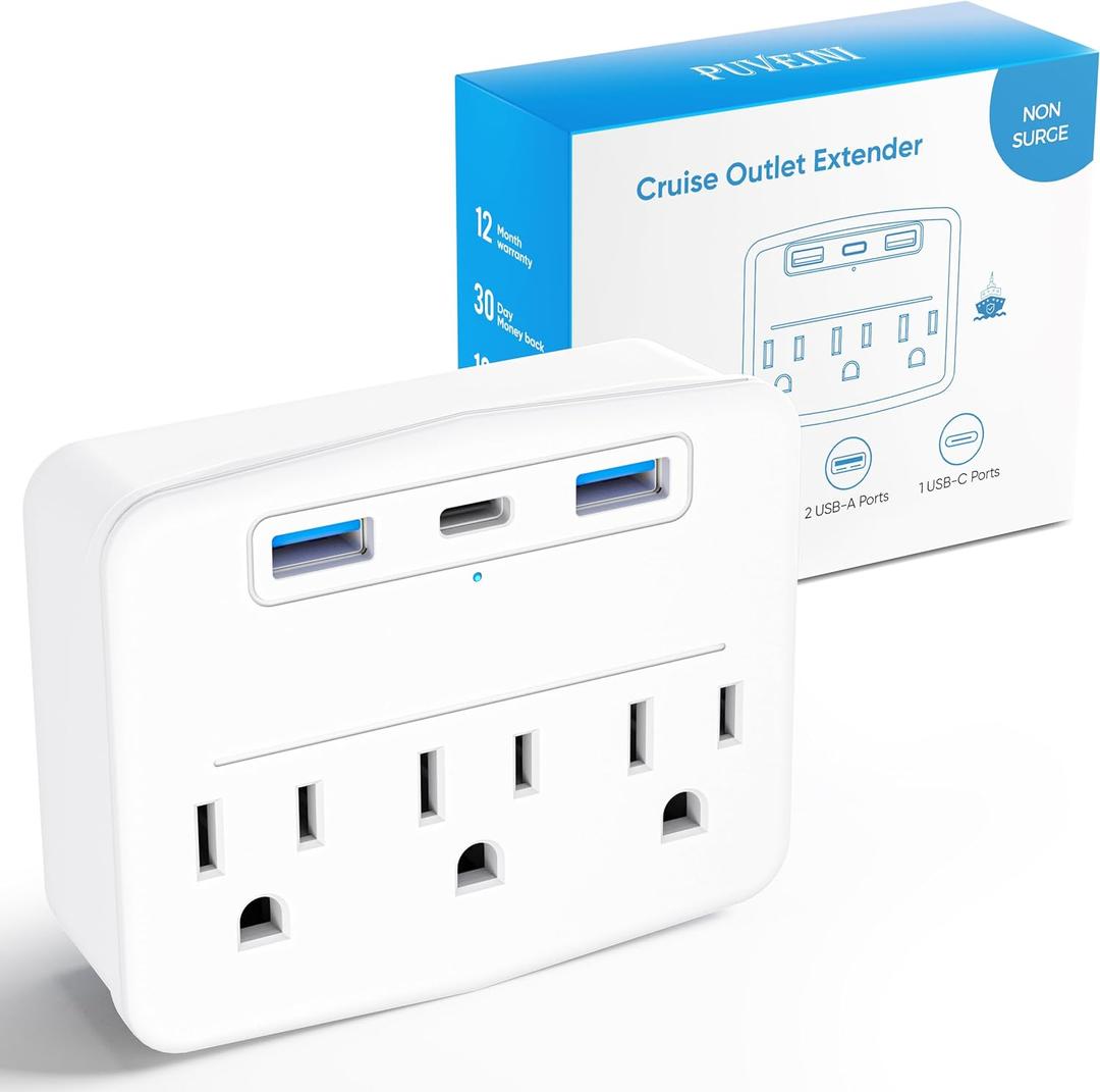 Cruise Power Strip Foldable Plug Non Surge Protector with USB C Outlets 3.4A Total, Cruise Ship Essentials, 2 Prong to 3 Prong Outlet Adapter, Japan Plug Adapter (white)