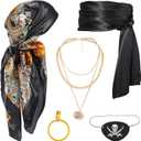 AWAYTR Pirate Costume Accessories Set for Men and Women, Comes with Head Scarf, Necklace, Sash Belt, Eye mask (Black)