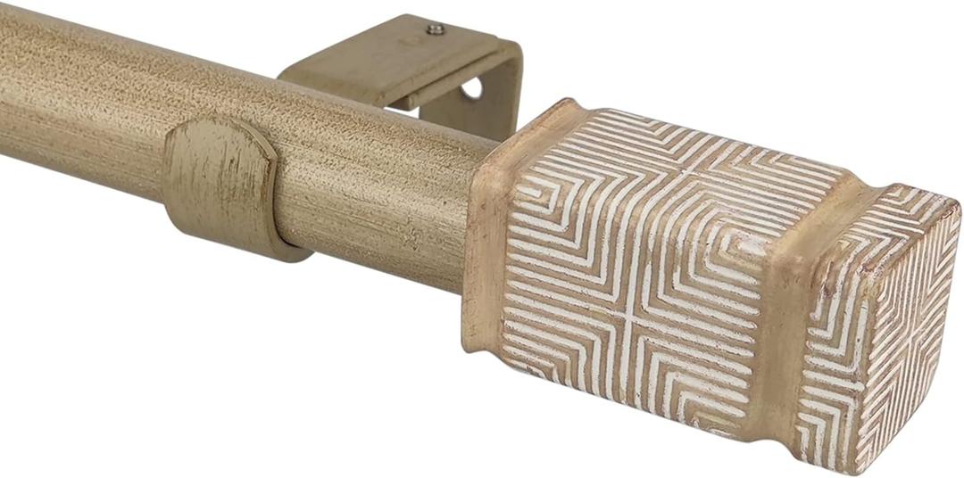Rustic Boho Style Single Curtain Rod Set with Carved Square Finial,72-144 inch, Standard Single Beige Drapery Rod for 1 Pack, 1 inch diameter, Adjustable Length