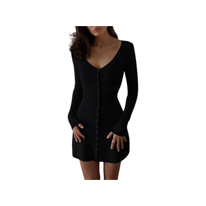 Women Fall V Neck Button Front Knit Mini Dress Elegant Long Sleeve Ribbed A-Line Short Dress. Size S