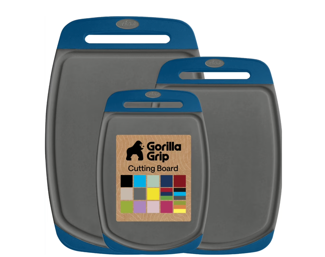 GORILLA GRIP Oversized 100% BPA Free Reversible Kitchen Cutting Board Set of 3, Juice Grooves, Dishwasher Safe, Blue Gray