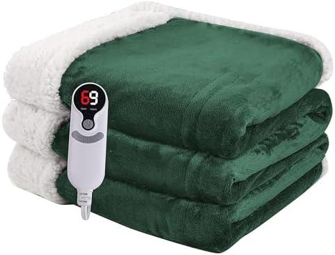 Heated Blanket Electric Blanket Full Size 72''x84'' with 5 Heating Levels, 10 Hour Auto Shut Off, Machine Washable, Flannel & Sherpa Soft Warming Blanket for Couch, Bed, Office - Grass Green