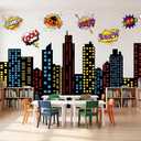Breling Large Hero Theme City Skyline Wall Decals Art New York Skyline Skyscraper Hero Birthday Party Decorations for Backdrop Classroom Back to School Hallway Blackboard Photo(Multicolor,7 Pcs)