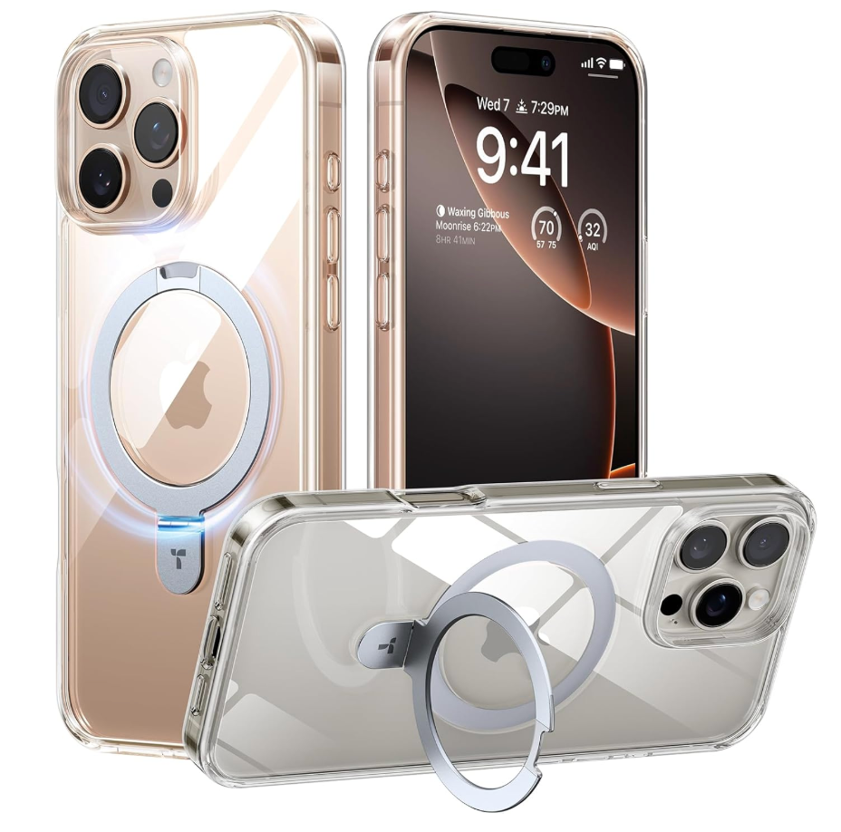 TORRAS Crystal Clear for iPhone 16 Pro Case Magnetic Stand,[Compatible with MagSafe][Flexible Stable Stand]MilGrade Protection Transparent Slim AntiYellowing AntiScratch Ring Kickstand 6.3", Ostand