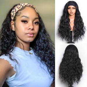 Curly Headband Wigs for Black Women Loose Wave Synthetic Wig Wear and Go Glueless Half Wig with Headbands Attached (#1B Black, 16 Inch)