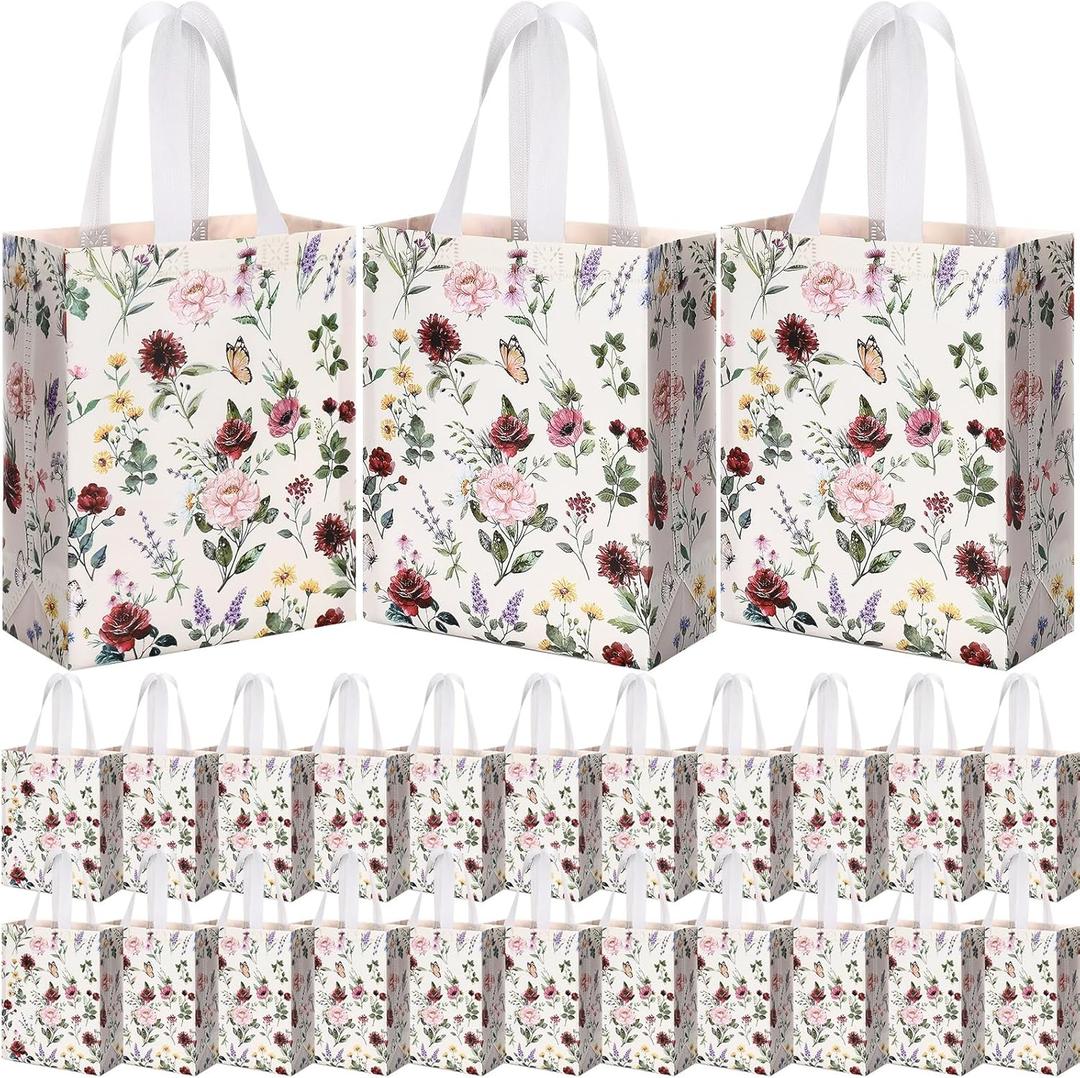 Supervitae 24 Pack Wildflower Theme Gift Bags Medium Floral Party Favor Bags Vintage Reusable Totes Non Woven Goodie Totes for Wedding Birthday Baby Shower Family Holiday Travel(9.8" x 7.9" x 3.9")