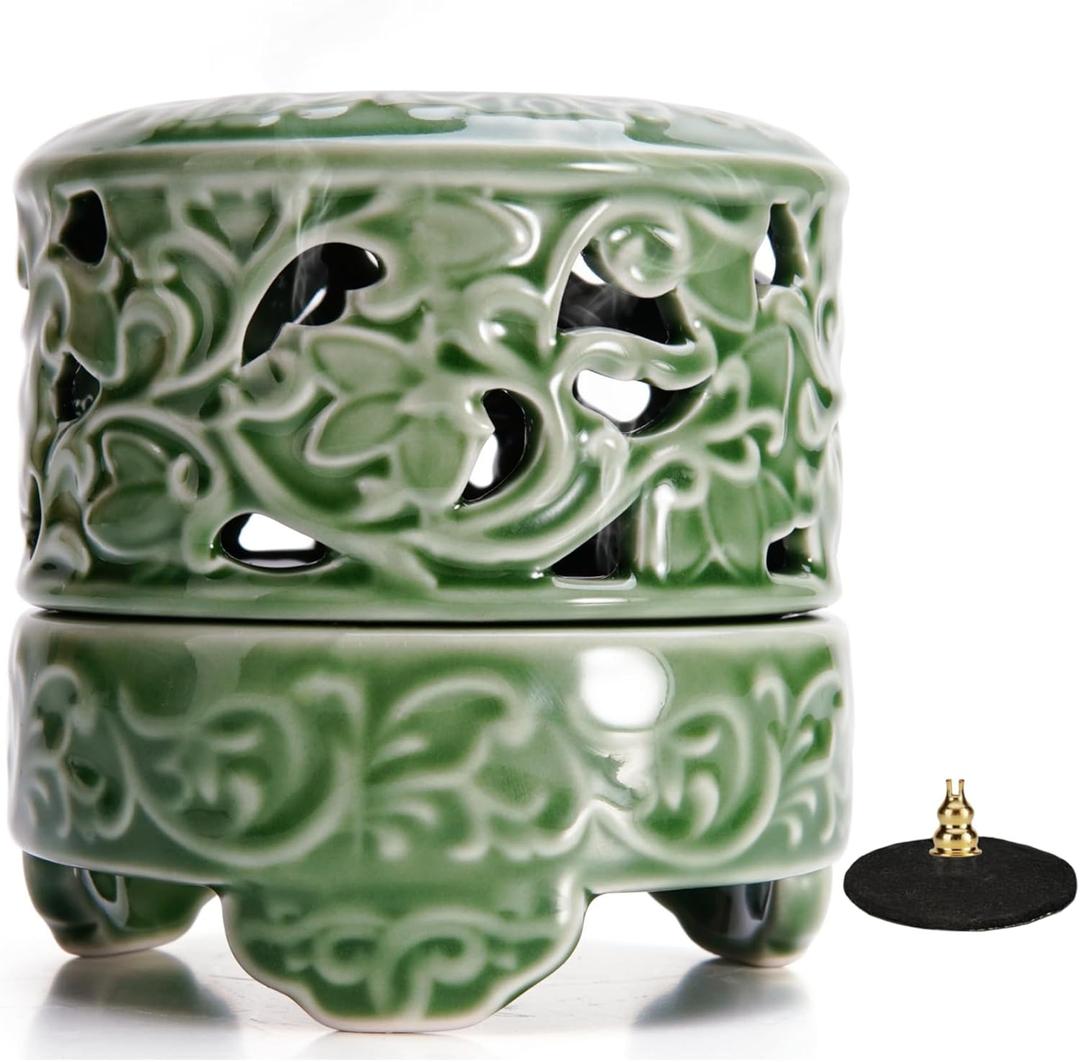Incense Burner with Lid, Ceramic Incense Holder for Stick Cones & Coils Incense with Burn Cotton for Home, Office, Yoga, Green Lotus