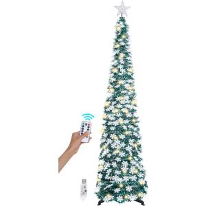 6 FT Pop Up Christmas Tree with 100 LED Timer Lights & Remote, Green Collapsible Christmas Tinsel Tree Artificial Pencil Tree Xmas Decoration for Holiday Home Office Party, USB Powered (Peacock Green - Snowflakes)