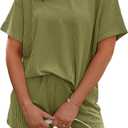 RUBZOOF Women's 2 Piece Sets Short Sleeve Outfits Ribbed Textured Knit Lounge Shorts Set Oversized Tracksuit Matching Sets (M)