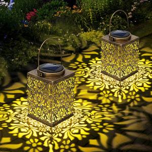 2 Pack Bronze Solar Lanterns - Waterproof Metal Hanging Solar Lights Outdoor Decorative, Solar Powered LED Lamp for Patio Tabletop Porch Deck Yard Garden Decor for Outside (Rose)