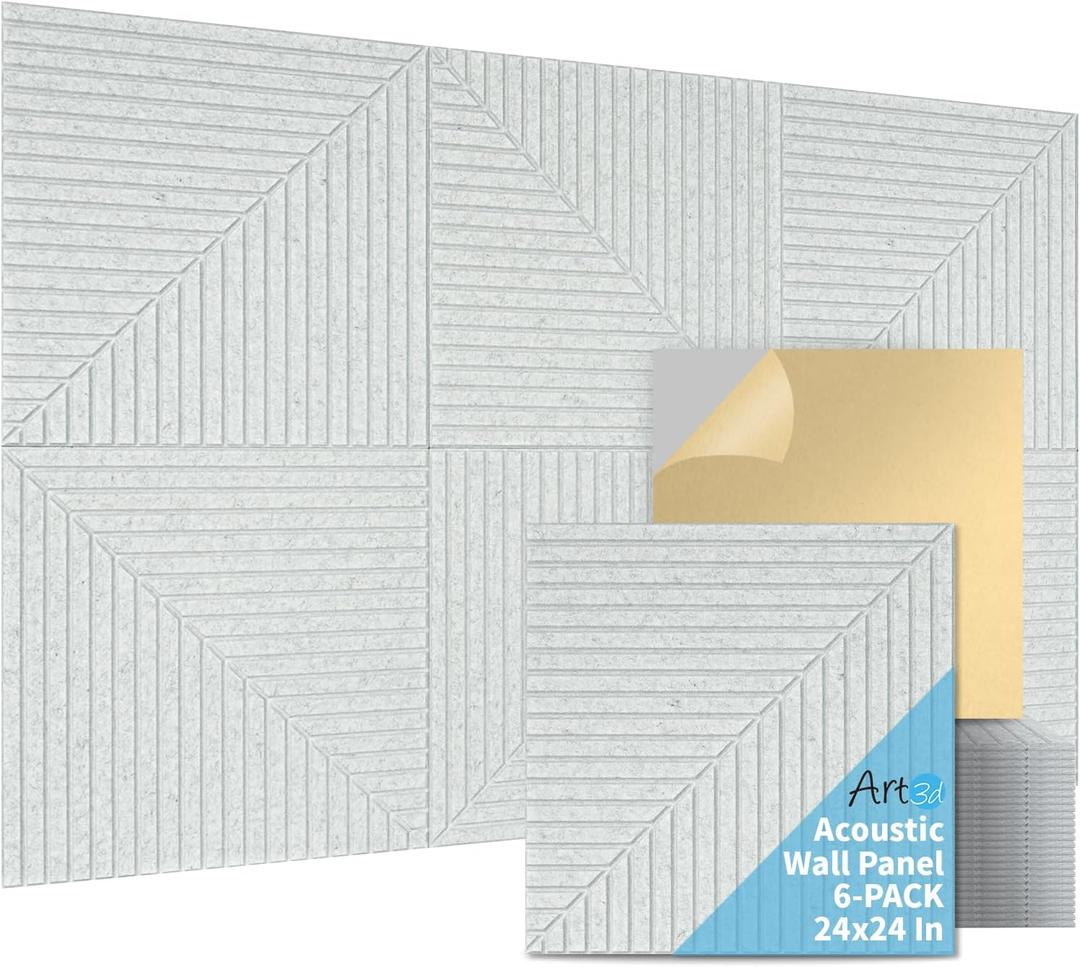 Art3d 6-Pack Self-Adhesive Acoustic Wall Panels for Home Dcor, 24 x 24 Inch Soundproofing Panels for Office Studio Bedroom - High Noise Absorption Polyester Fiber, Gray