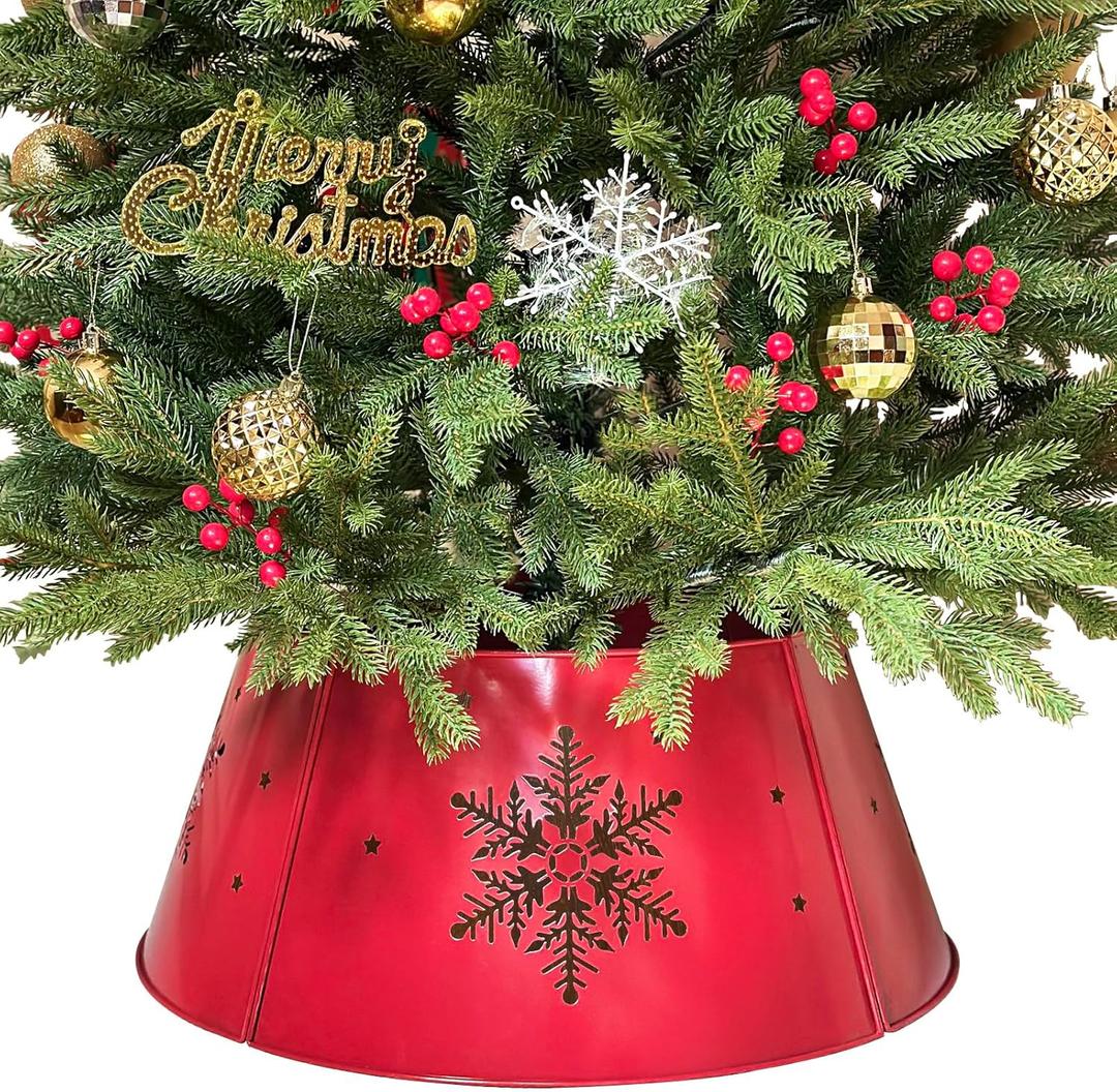 15.5" Red Christmas Tree Collar for Pencil Tree, Round Metal Tree Collar with Snowflake Design, Pet-Proof Christmas Tree Collars for Artificial Trees, Secure & Reusable Holiday Dcor