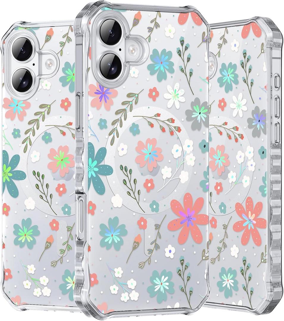 Hocase for iPhone 16 Case 6.1"", with [Curly Wave Edge & Shiny Design] [Compatible with MagSafe] [Reinforced Corners] Slim Fit Shockproof Protective Phone Case - Blue Pink Flowers