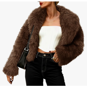 Tankaneo Womens Faux Fur Jacket Cropped Winter Fall Shaggy Coats Long Sleeve Fluffy Short Coat Fuzzy Outerwear, M