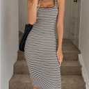 GORGLITTER Women's Striped Crochet Maxi Dress Gingham Square Neck Slit Bodycon Long Casual Wedding Guest Dresses (L)