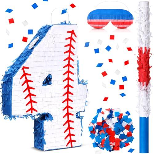 HyDren Baseball Piñata Baseball Party Decorations Number Piñata with Bat, Blindfold and Confetti, 16 Inch Sports Themed Birthday Party Supplies for Celebration Events(Number 4)
