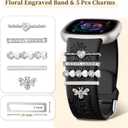 Wildflower Engraved Bands Compatible with Fitbit Sense 2, Versa 4/3, Sense Band with Charms, Soft Silicone Replacement Wristbands Strap with Cute Decorative Rings Accessories for Women