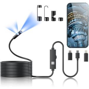 Endoscope Camera with Light, 1920P HD Borescope Tools with 8 Adjustable LED Lights, Endoscope with Semi-Rigid Snake Camera, IP67 Waterproof Inspection Borescope for iOS and Android-16.4ft Dual-Lens