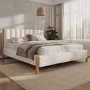 Ball & Cast Queen Size Bed Frame with Thick Boucle Upholstered Headboard, Solid Wood Legs, No Box Spring Needed Platform Bed, Underbed Storage Space,White