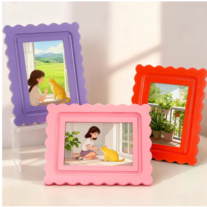 Novabright 3 Pack 4x6 Colorful Scalloped Picture Frames Wood Wavy Picture Frame Set Fun Cute Photo Display for Home Desktop Decor Wedding Graduation Gifts(Pink,Red,Purple)