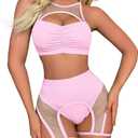Women Rave Outfits Cutout Fishnet Top Booty Shorts Bottom Choker 3Pcs Babydoll Nightwear Festival Lingerie (Medium, Light Pink)