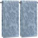 SmoothNovelty 2 Pcs Quality Floral Jacquard Hand Towels Set for Bathroom Blue Hand Towels 100% Cotton Absorbent Decorative Weave Bath Decor Neutral Bathroom Decor Gift, 13.7 x 29.5 Inch