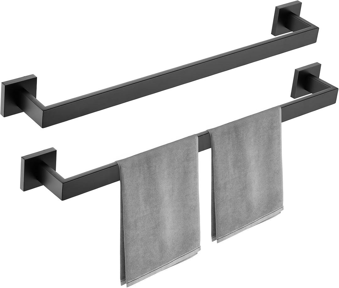 23.6 Inch Matte Black Bathroom Towel Bar Set, 2-Piece Square Wall Mounted Towel Rack, Wall Mounted 304 Stainless Steel Towel Holder for Bathroom