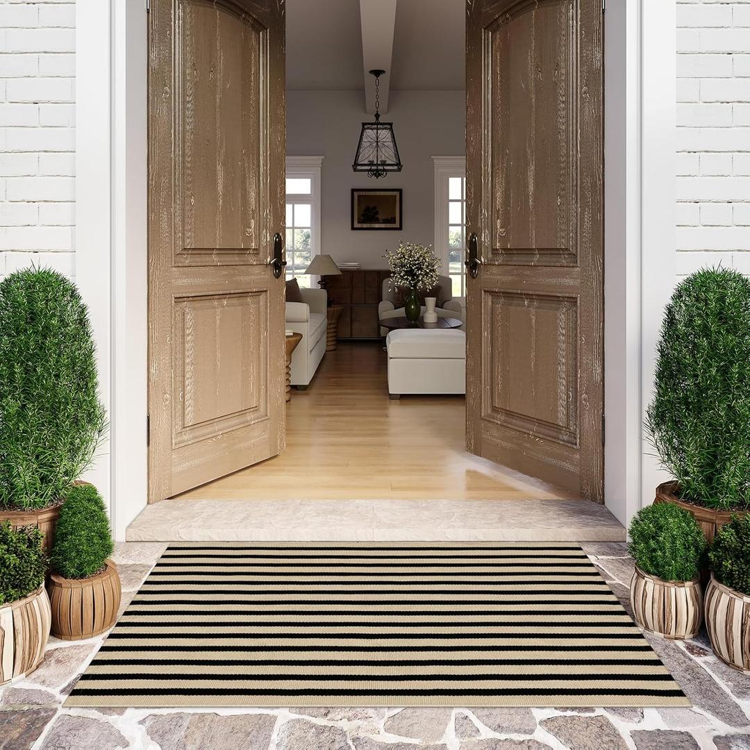 LEEVAN Outdoor Patio Rug 3x5, Washable Black and White Outdoor Rug, Outside Welcome Mat Striped Porch Door Mat Outside Entrance Layered Indoor Doormat
