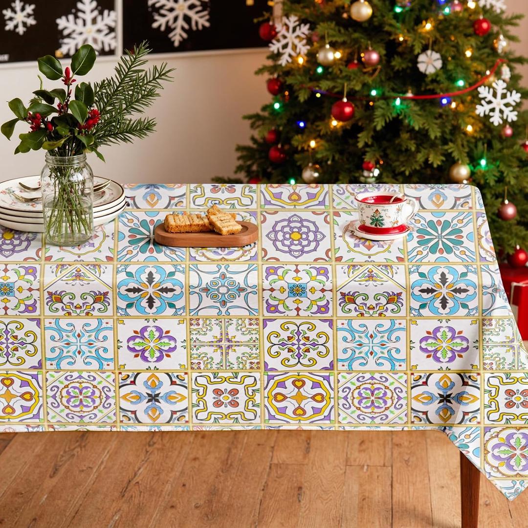 Rectangle Tablecloth, Waterproof Vinyl Table Cloth with Flannel Backing, Plastic Table Cloths for Dinner, Kitchen, Outdoor and Parties, 60"x84" (Multi Color)