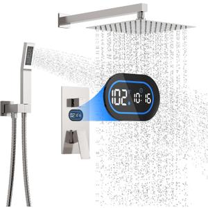 Shower Faucet Set with Hydro Power Temperature Display, Shower System Bathroom 12 Inches Shower Head with Handheld Spray, Wall Mounted Shower Fixtures with Shower Valve and Trim Kit, Brushed Nickel