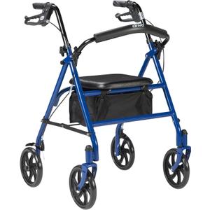 Drive Medical 10257BL-1 4 Wheel Rollator Walker With Seat, Steel Rolling Walker, Height Adjustable, 7.5" Wheels, Removable Back Support, 300 Pound Weight Capacity, Blue (Blue)