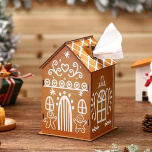 Geiserailie Christmas Gingerbread House Tissue Box Cover 9"x6"x6" Wooden Farmhouse Tissue Holder Decor Rustic Vintage DIY Waterproof Napkin Organizer Holder for Bedroom Dresser Night Stand Office