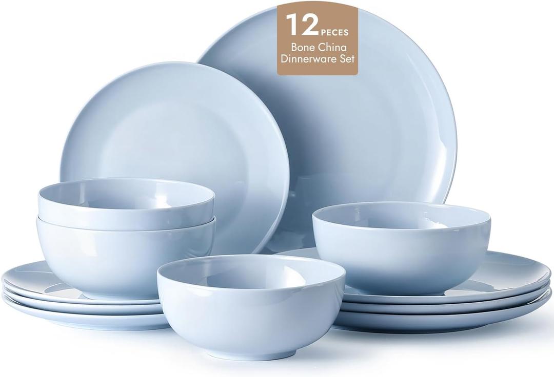 KINGSTONE 12-Piece Bone China Dinnerware Set for 4, Lightweight Porcelain Round Plates and Bowls Set, Durable Scratch Resistant Ceramic Dinner Set, Microwave & Dishwasher Safe, Misty Blue