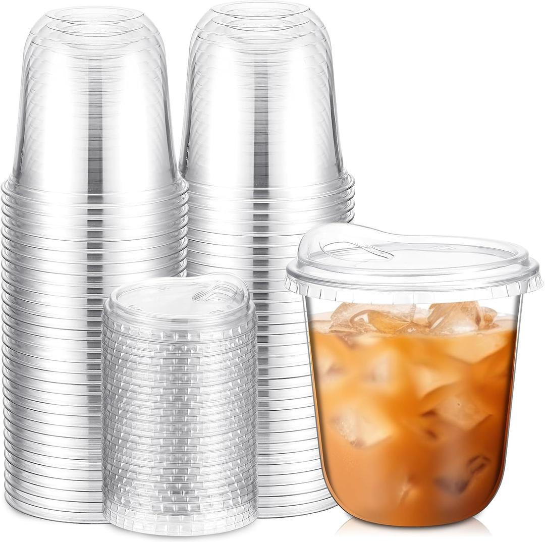 Baderke 50 Pcs Round Bottom Plastic Cups with Sip Lids Clear Disposable Iced Coffee Cups for Smoothie Cold Beverage Coffee Shops and Party Catering(12 oz,Clear)