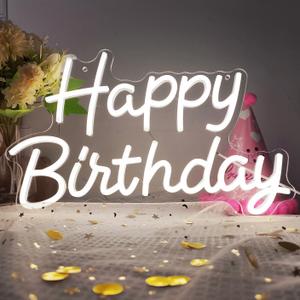 Happy Birthday Neon Sign with Dimmable, 15.5x9.7 Inch Happy Birthday LED Neon Light for Wall Decor, LED Up Light with USB Powered for All Birthday Party Decoration, Backdrop Wall (White)