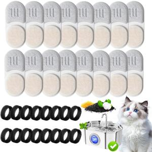 16+16 Pack Cat Water Fountain Filters Replacement Set Compatible with APAUK Stainless Steel 108oz/3.2L Pet Water Dispenser, Includes 16 Filters & 16 Sponges for 6-Month Supply