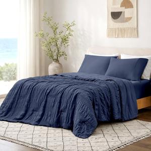 Cozy Bliss Striped Seersucker Cooling Comforter Queen Size, Lightweight Airflow Silky Cooling Bedding with Q-Max>0.45 for Bedroom, Home Decor, Hot Sleepers & Night Sweats, Navy Blue 90"x90"