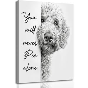 FGQ Black and White Goldendoodle Bathroom Canvas Wall Art Funny Cute Animal Humorous Dog Painting Pictures Restroom You Will Never Pee Alone Poster Print Artwork for Toilet Nursery Decor 16x24in