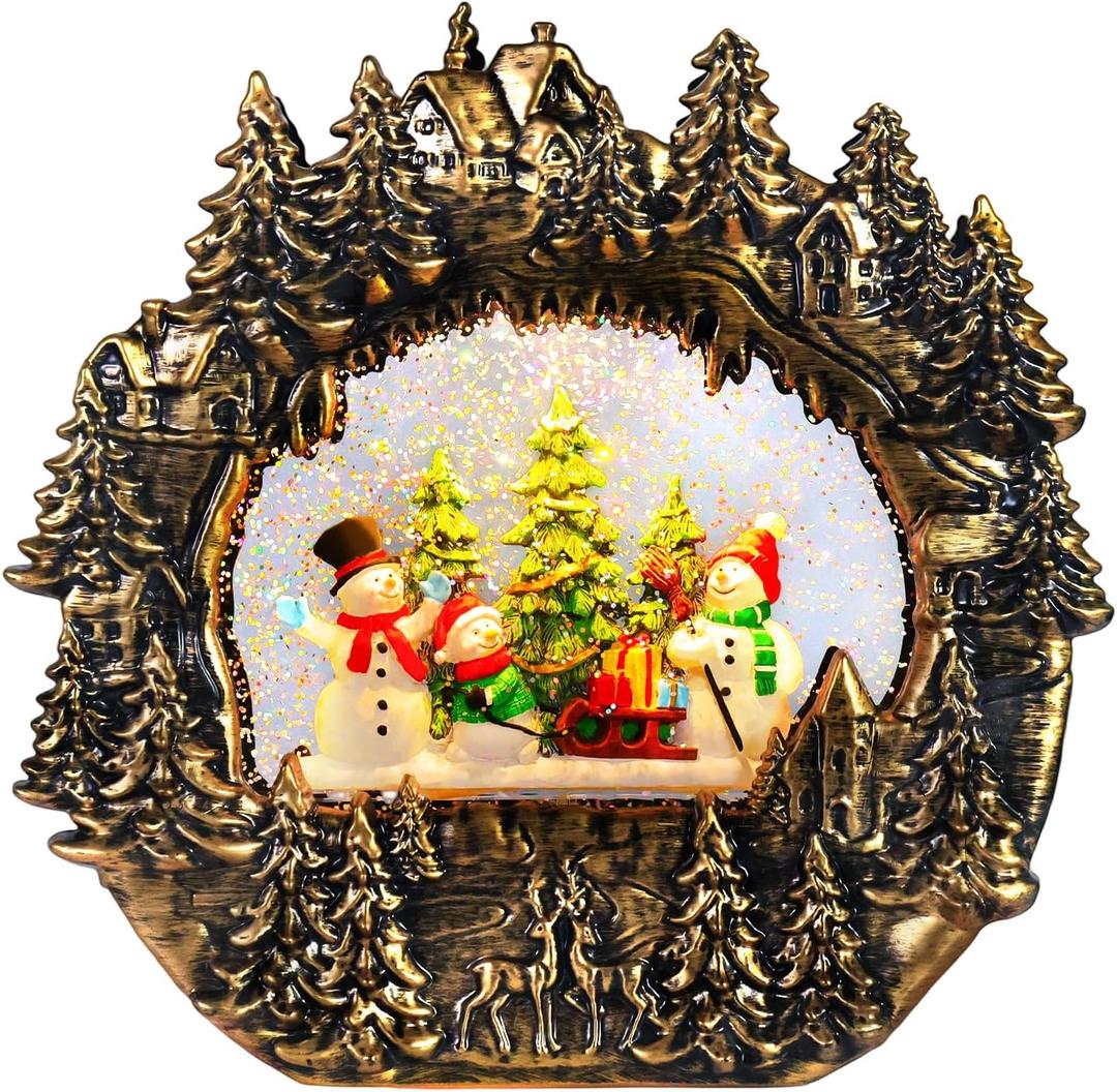 Christmas Snow Globe Lantern Water Glittering Lantern with Snowman 8 Music Songs & 6H Timer Christmas Snow Globes USB & Battery Operated for Christmas Festival Decorations Gifts (Bridge-Snowman)