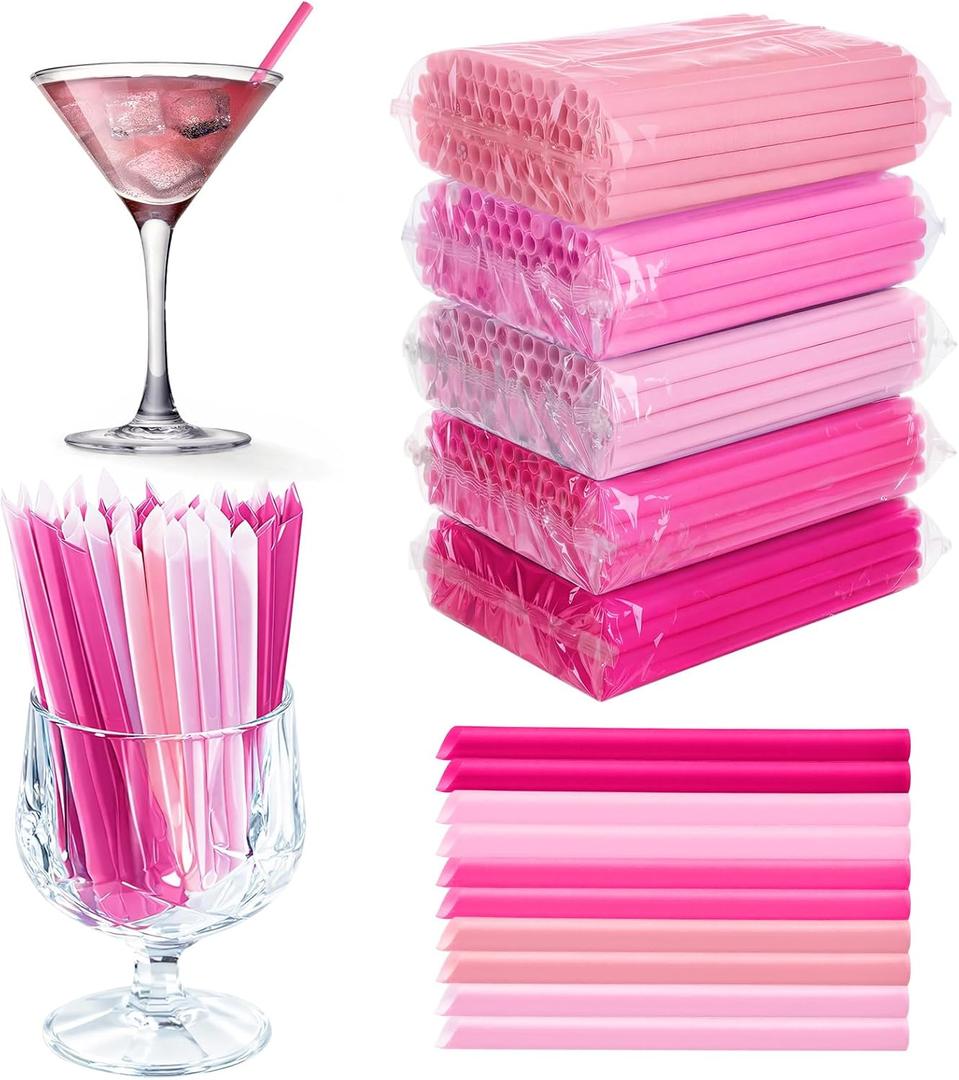FoldTier 1000pcs 5 Inch Pink Cocktail Straws 0.24" Diameter Cute Disposable Individually Wrapped Plastic Straw for Coffee and Cocktail, Short Stirrers for Valentine Party, Bar, Wedding, Kitchen, Cafe