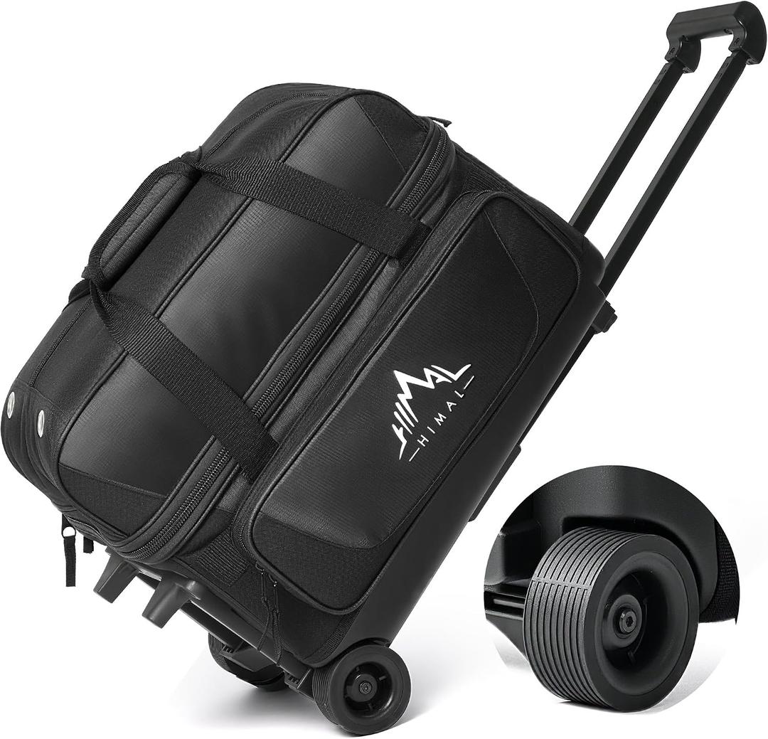 GoHimal Double Roller 2 Ball Bowling Bag with Separate Shoe Compartment for Bowling Shoes (Up To US Mens Size 15) and Oversized Accessory Pocket, Retractable Handle - Extends to 40", One Size