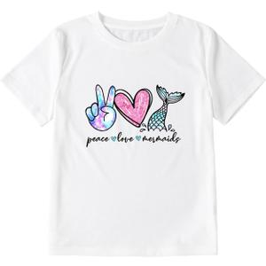 Girl's Peace Love and Mermaids Print T-Shirt Short Sleeve Crew Neck Summer Tee (11y)
