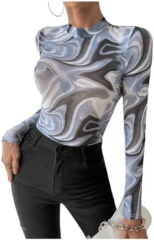 Milumia Women's Marble Print Mesh Sheer Mock Neck Long Sleeve Bodysuits Fitted Tops, medium Milumia Women's Marble Print Mesh Sheer Mock Neck Long Sleeve Bodysuits Fitted Tops, medium