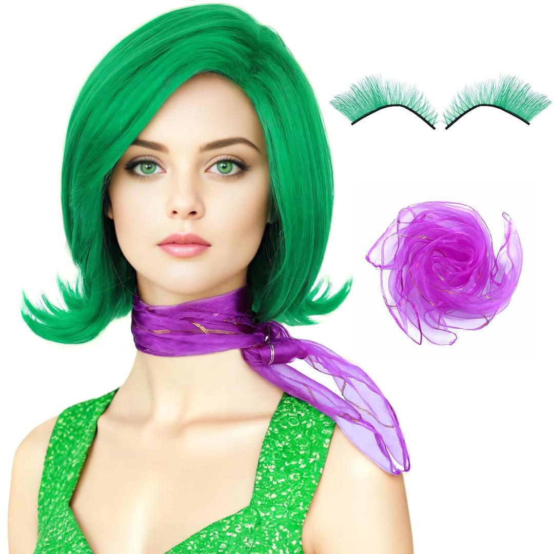morvally Women Green Costume Wig with Scarf and False Eyelashes Short Green Cosplay Wigs for Adults Halloween Costume Anime Cosplay (Adults)
