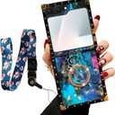 nancheng for Samsung Galaxy Z Flip 7 Phone Case Colorful Flower Petal Stars Sky Case with Diamond Ring Stand Strap Lanyard Shockproof Protection Cover