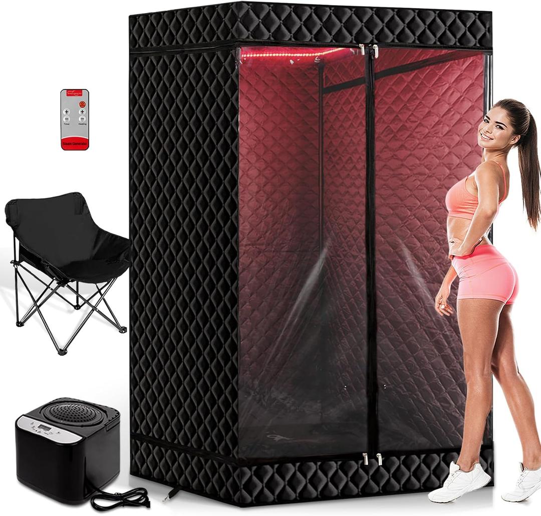 New UpgradeRed Light Sauna Box for Relaxation,Detoxification,Portable Steam Sauna for Home with XL Steamer,16 Levels, 75x 40x40Double DoorsLarger Folding Chair, Gym-Black (Black)