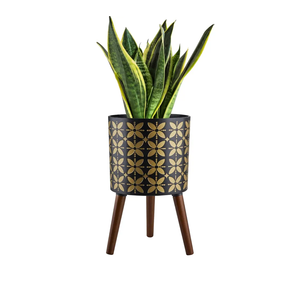 12 Inch Planter Pot with Stand, Planter for Indoor Plants, Drainage Holes and Rubber Plug, Modern Mid-Century Flower Planter Pot for Home Garden Patio, Black and Gold