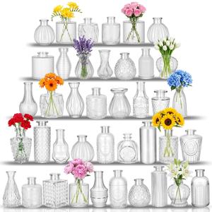 Glass Bud Vases in Bulk Set of 40, Transparent Clear Variable Small Mini Glass Vases for Centerpieces, Crystal Vintage Vase for Flowers,Wedding, Table Decor, Baby Shower, Christmas, Home and Events