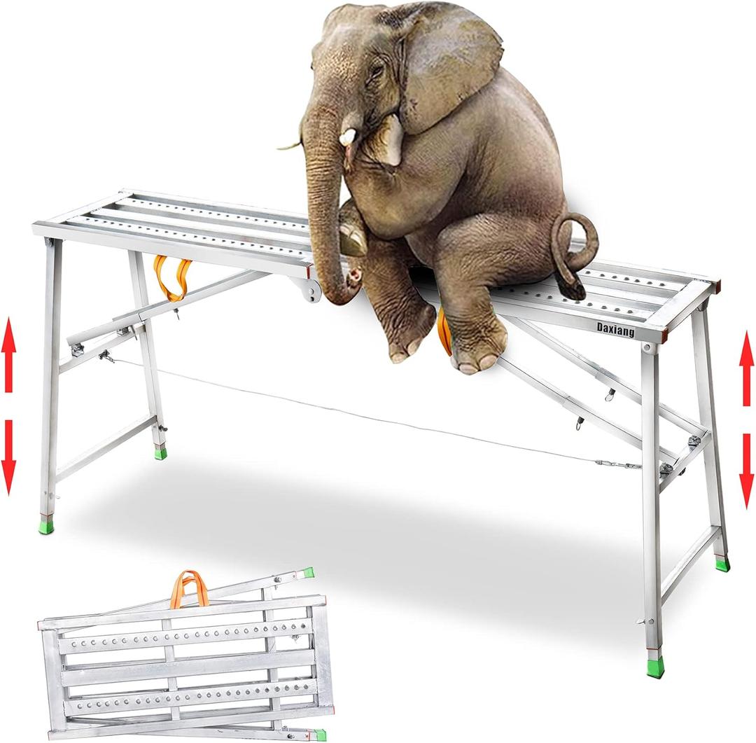 Daxiang Portable Scaffolding Platform 55(L) x15(W) x27-43(H)'' Work Platform Adjustable Height Steel 600 LBS Load Capacity Folding Step Ladder Drywall Painting Stool