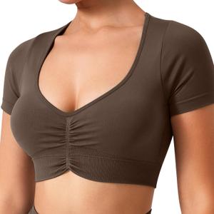 TAYOEA Crop Tops Workout for Women Yoga Short Sleeve Shirts Seamless V-Neck Gym T Shirts with Built in Pads (Brown, M)
